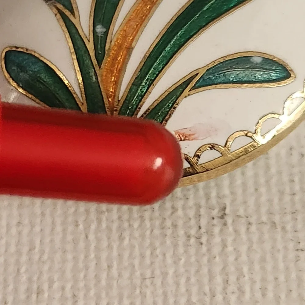 Vintage Cloisonne Enamel‎ Egg Pendant White Orange Floral Lily Gold Tone Charm